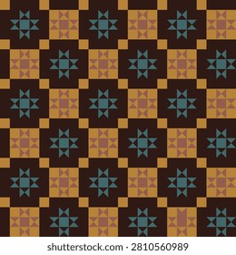 Pattern created from gold, brown, jade and dark brown squares and triangles 
