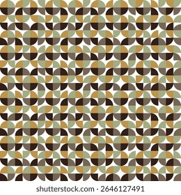 Pattern created from gold, sage green, taupe and dark brown quarter circles