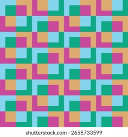 Patrón creado a partir de cuadrados verdes, rosa hueso, oro pálido y azul claro 