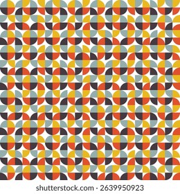 Pattern created from grey-blue, yellow, orange and dark brown quarter circles