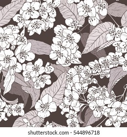 Pattern created from hand drawn illustration. Monochrome background with blooming jasmine in gray-brown and white shades. Textile grayscale pattern