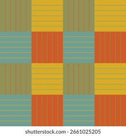 Patrón creado a partir de líneas caqui, oro, azul y naranja en cuadrados caqui, oro, azul y naranja