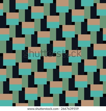 Pattern created from khaki, turquoise, green and black rectangles, and small black squares