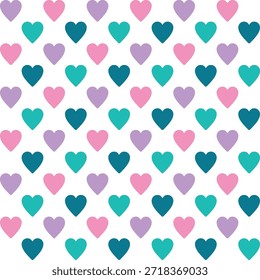 Padrão criado a partir de neon rosa, roxo, jade e verde azul-petróleo corações em um fundo transparente