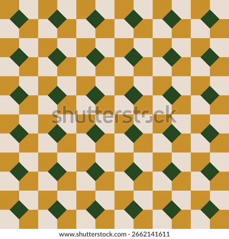 Pattern created from off-white and gold squares, and forest green diamonds