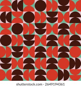 Pattern created from orange circles and semi-circles in green squares and dark brown circles and semi-circles in pink squares
