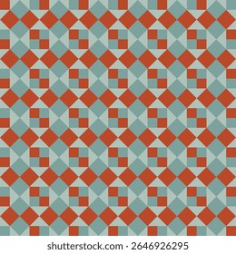 Pattern created from orange and pale teal green squares on a pale green background