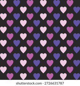Padrão criado a partir de corações rosa pálido, rosa e roxo em um fundo preto