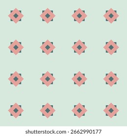 Patrón creado a partir de diamantes de melocotón en cuadrados verde azulado, sobre un fondo verde menta pálido