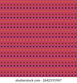 Pattern created from rows of orange, brown and purple dots on a pink background