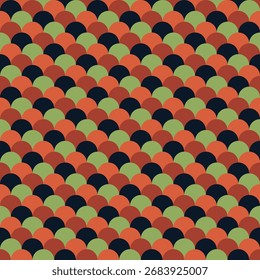 Pattern created from rows of overlapping black, brown, orange and green circles