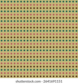 Pattern created from rows of teal green, pink and brown dots on a yellow background