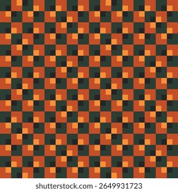 Pattern created from small black squares in dark green squares and small pale orange squares in bright orange  squares 