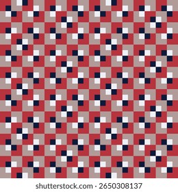 Pattern created from small dark blue squares in red squares and small white squares in taupe squares 