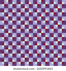 Pattern created from small dark red squares in dark purple squares and small mint green squares in lavender squares 