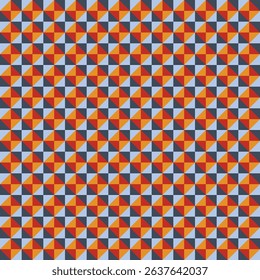 Pattern created from small orange, red, blue and navy-grey triangles 