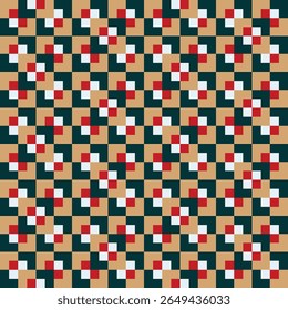 Pattern created from small red squares in camel squares and small white squares in dark green squares 