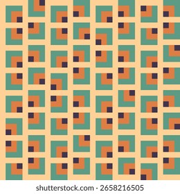 Pattern created from teal green, tan and dark purple squares on a cream background
