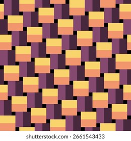 Pattern created from yellow, orange, purple and maroon rectangles, and small black squares