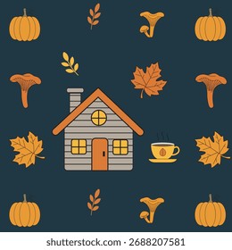 Un patrón para crear una atmósfera de estilo Hygge. Perfecto para la decoración de libros y envoltura de regalos. Linda casa de dibujos animados, taza de té caliente, champiñones y calabaza.
