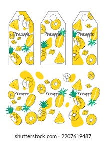 Pattern for creating painapple flavor tags. An example of finished tags and a pattern. Cartoon doodle style, vector illustration.
