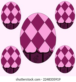 Pattern with creative mosaic Easter eggs and happy Easter on viva magenta background. Website banner with elegant vintage egg with flower monogram.