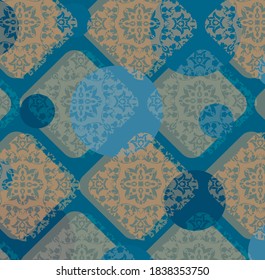 Pattern crema orange and beige rhombus and circles on the blue background