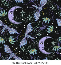 Pattern with crescent moon with face, stars, night butterfly, moth, flowers, star dust. Mythological fairytale, mystical concept. For clothing, apparel, T-shirts, kids design