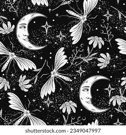 Pattern with crescent moon with face, stars, night butterfly, moth, flowers and star dust. Mythological fairytale, mystical concept. For clothing, apparel, T-shirts, kids design