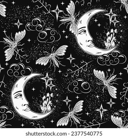 Patrón con luna creciente con cara, estrellas, mariposa nocturna, polilla, cristal y polvo de estrellas. Cuentos de hadas mitológicos, concepto místico. Para ropa, ropa, camisetas, diseño infantil. No IA
