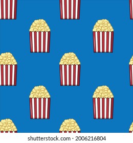 Pattern of crispy popcorn in a red-white box on blue background . Delicious snacks when watching a movie. vector illustration