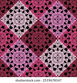 Pattern with crochet granny square with flowers wallpaper handmade decorative art design print