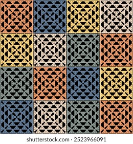 Pattern with crochet granny square with flowers wallpaper handmade decorative art design print	
