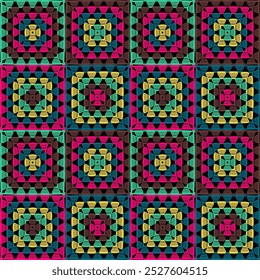 Pattern with crochet granny square with flowers wallpaper handmade decorative art design print	
