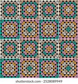 Pattern with crochet granny square with flowers wallpaper handmade decorative art design print	