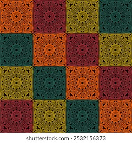 Pattern with crochet granny square with flowers wallpaper handmade decorative art design print	