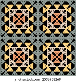 Pattern with crochet granny square with flowers wallpaper handmade decorative art design print	