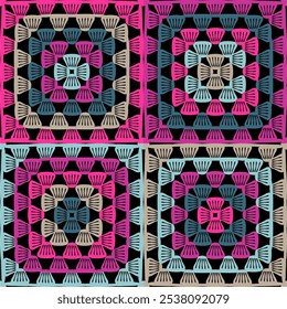 Pattern with crochet granny square with flowers wallpaper handmade decorative art design print	