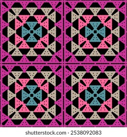 Pattern with crochet granny square with flowers wallpaper handmade decorative art design print	