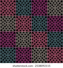 Pattern with crochet granny square with flowers wallpaper handmade decorative art design print	