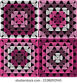Pattern with crochet granny square with flowers wallpaper handmade decorative art design print	