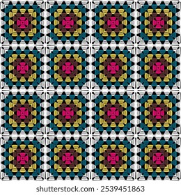Pattern with crochet granny square with flowers wallpaper handmade decorative art design print	