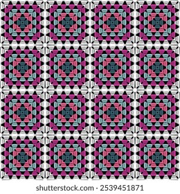 Pattern with crochet granny square with flowers wallpaper handmade decorative art design print	