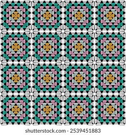 Pattern with crochet granny square with flowers wallpaper handmade decorative art design print	