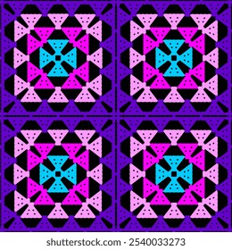 Pattern with crochet granny square with flowers wallpaper handmade decorative art design print	