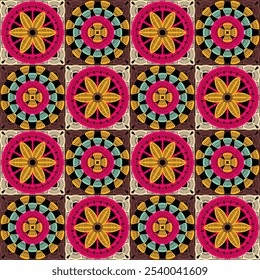 Pattern with crochet granny square with flowers wallpaper handmade decorative art design print	