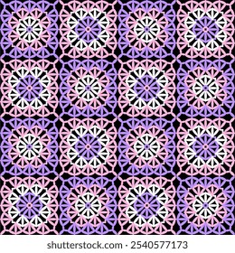 Pattern with crochet granny square with flowers wallpaper handmade decorative art design print	