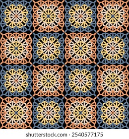 Pattern with crochet granny square with flowers wallpaper handmade decorative art design print	