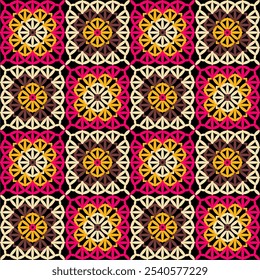 Pattern with crochet granny square with flowers wallpaper handmade decorative art design print	