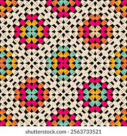 Pattern with crochet granny square wallpaper handmade decorative art design print	
